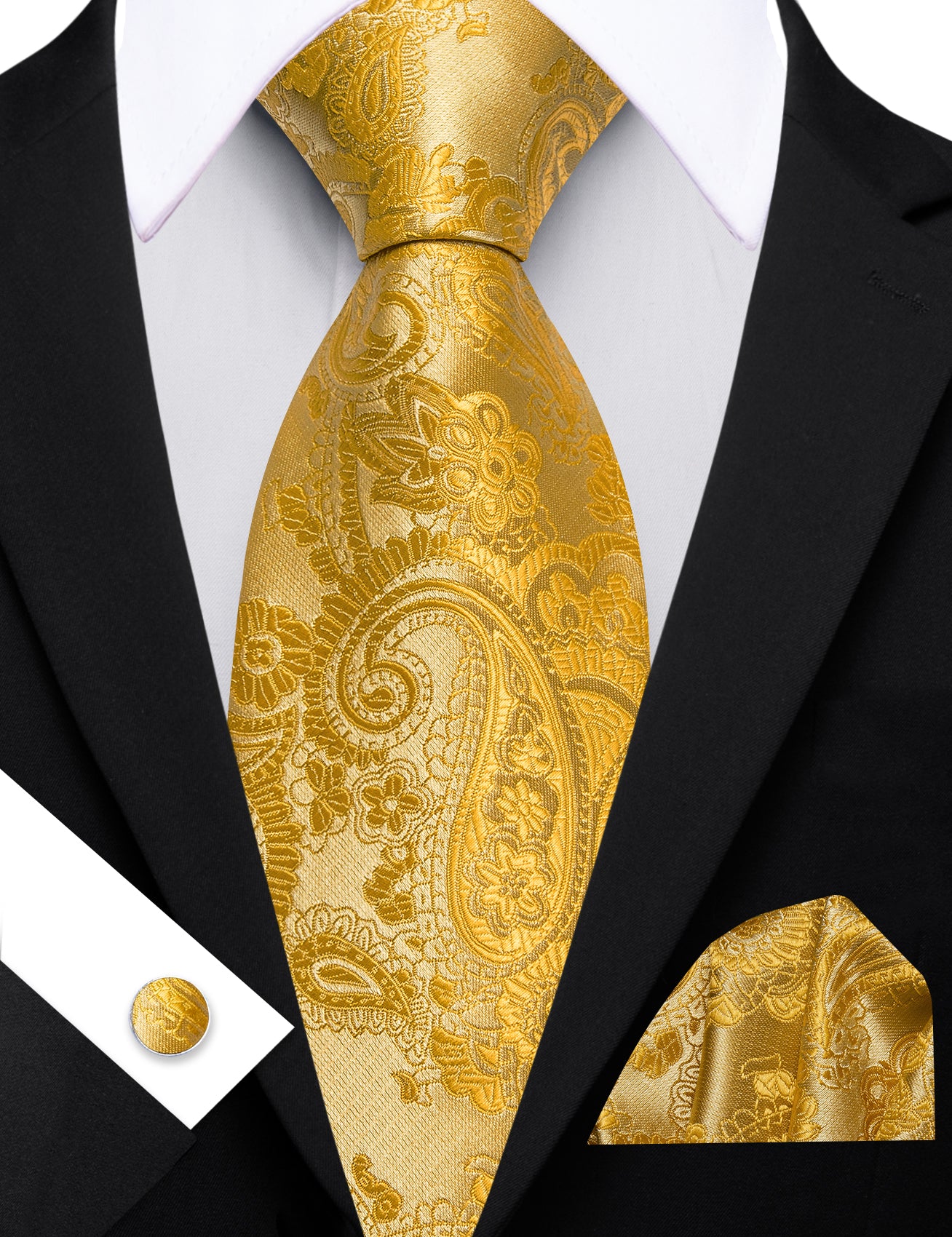 Barry. Wang Yellow Necktie Paisley Silk Tie Pocket Square Cufflinks Set for Men