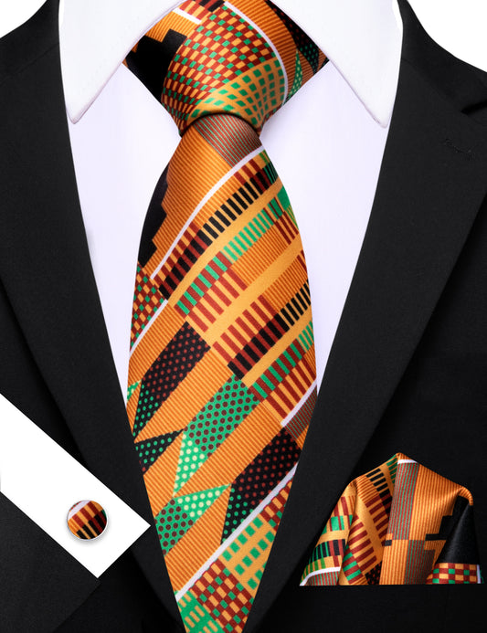 Barry. Wang Orange Green Novelty Silk Men Tie Pocket Square Cufflinks Set