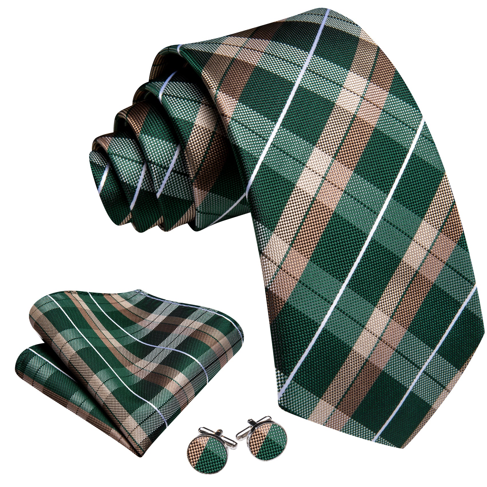 Barry. Wang Men's Necktie Green Brown  Plaid Tie Handkerchief Cufflinks Set