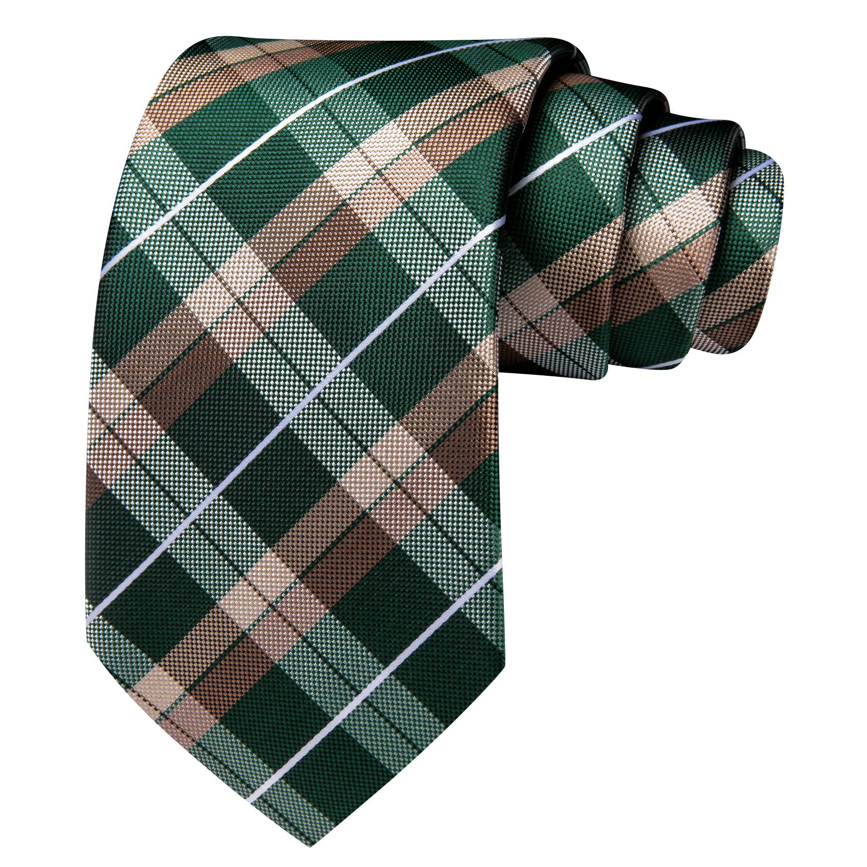 Barry. Wang Men's Necktie Green Brown  Plaid Tie Handkerchief Cufflinks Set