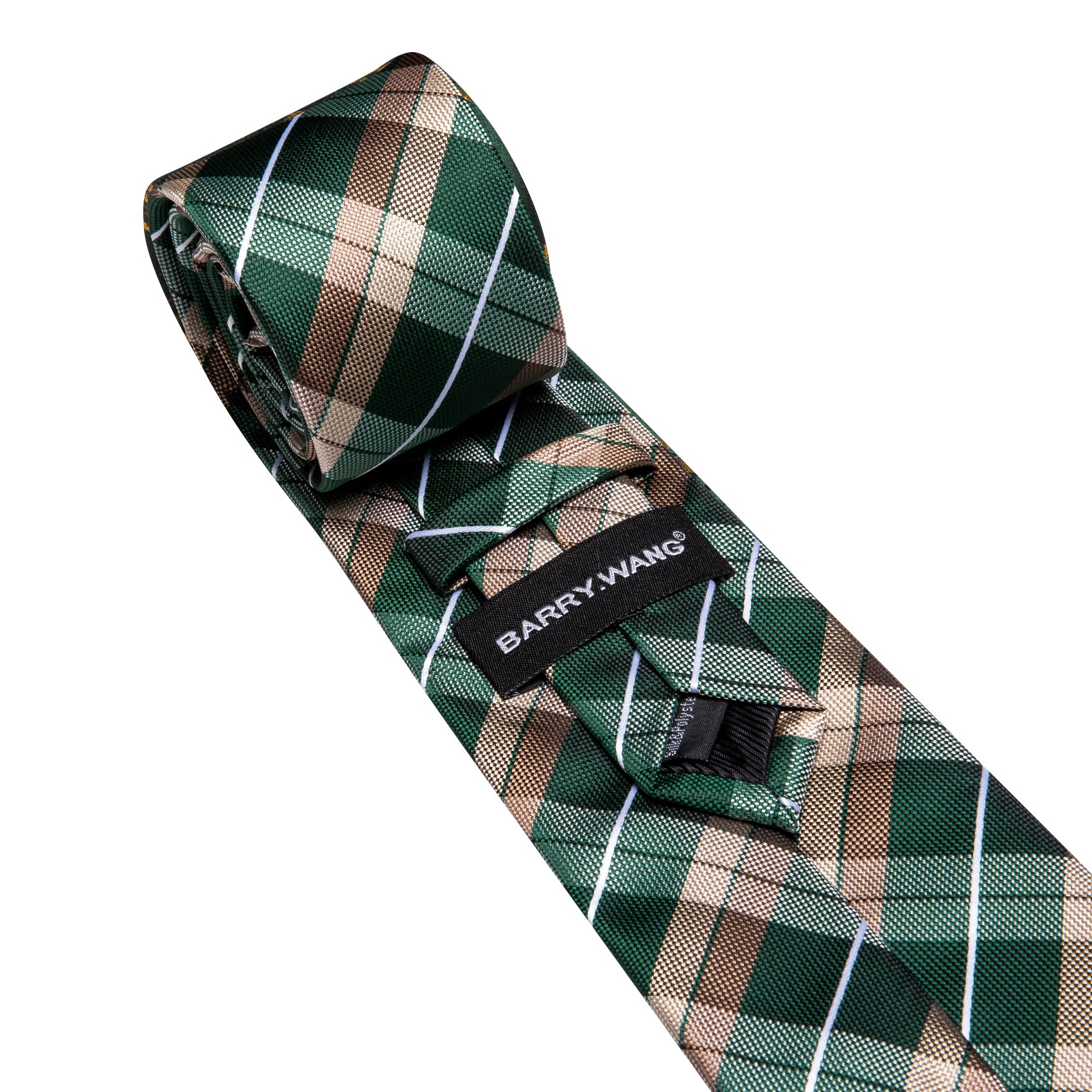 Barry. Wang Men's Necktie Green Brown  Plaid Tie Handkerchief Cufflinks Set
