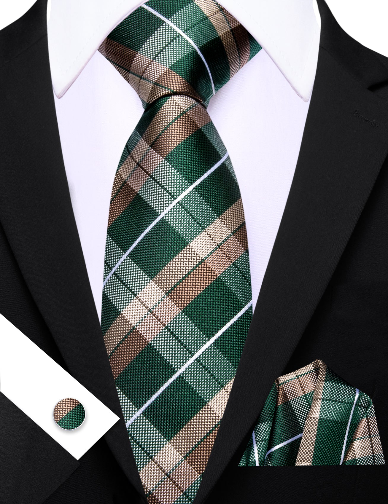 Barry. Wang Men's Necktie Green Brown  Plaid Tie Handkerchief Cufflinks Set