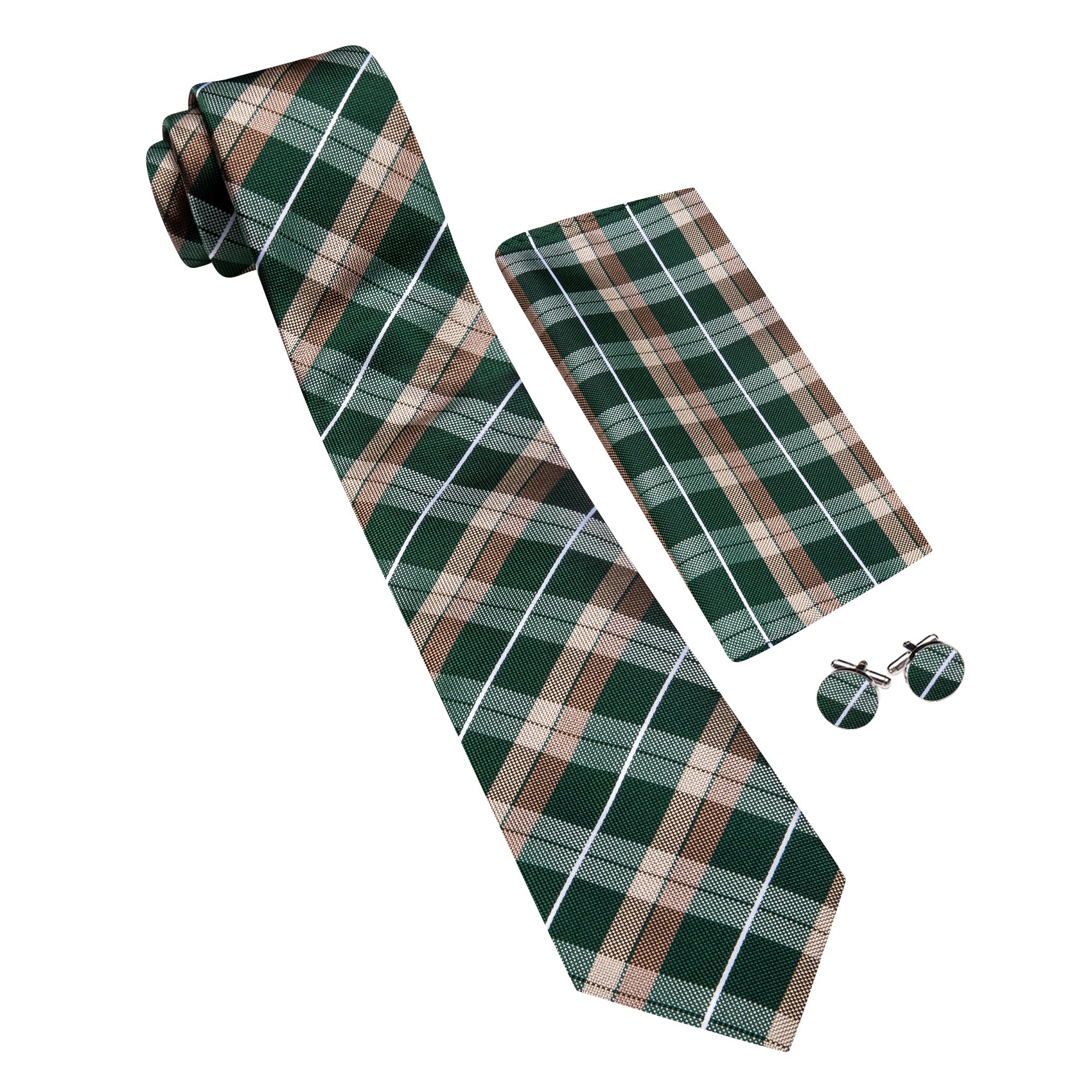 Barry. Wang Men's Necktie Green Brown  Plaid Tie Handkerchief Cufflinks Set