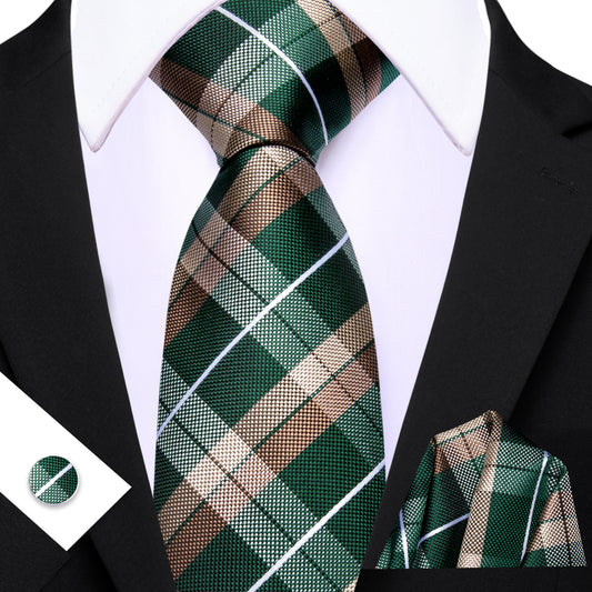 Barry. Wang Men's Necktie Green Brown  Plaid Tie Handkerchief Cufflinks Set