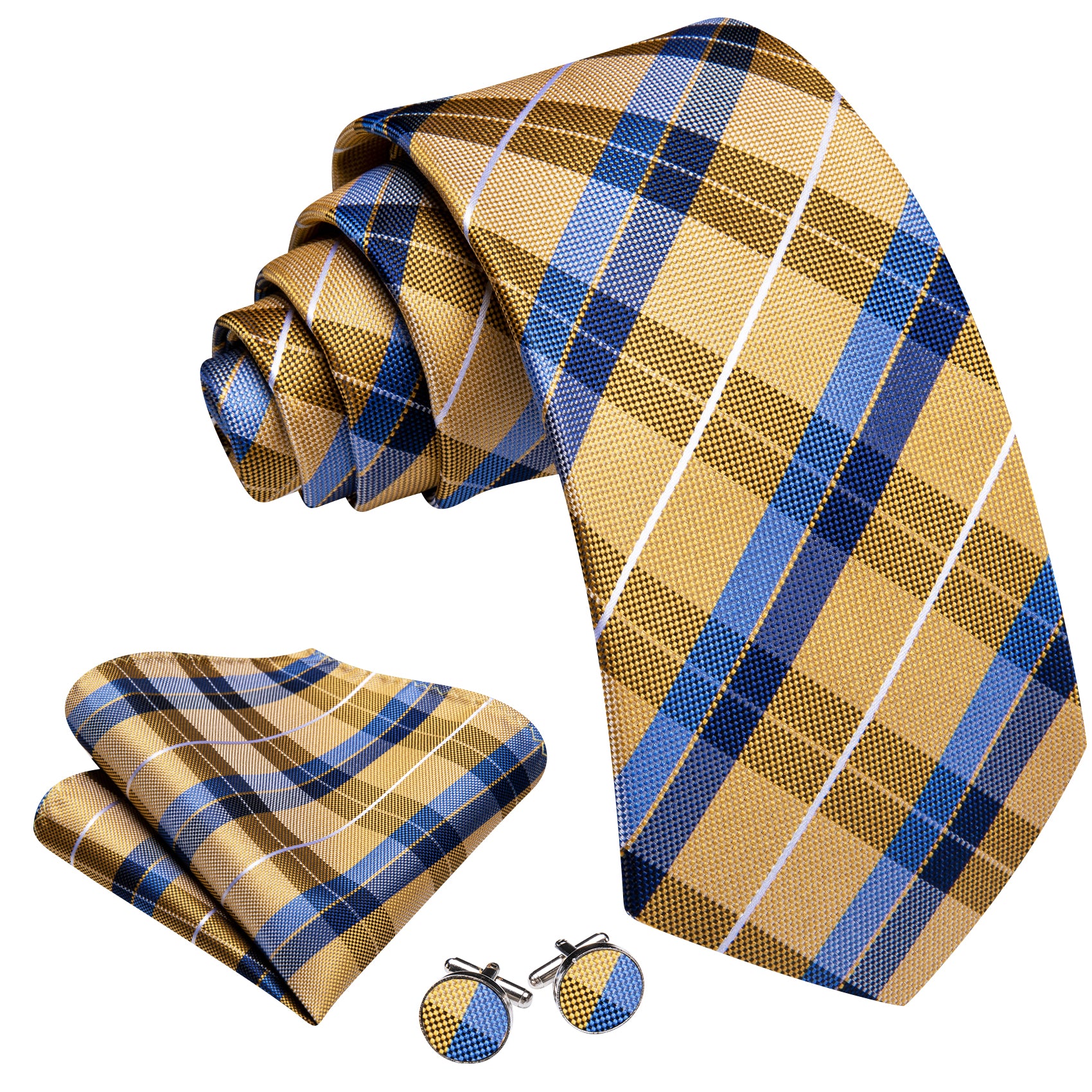 Barry. Wang Men's Necktie Gold Blue  Plaid Tie Handkerchief Cufflinks Set