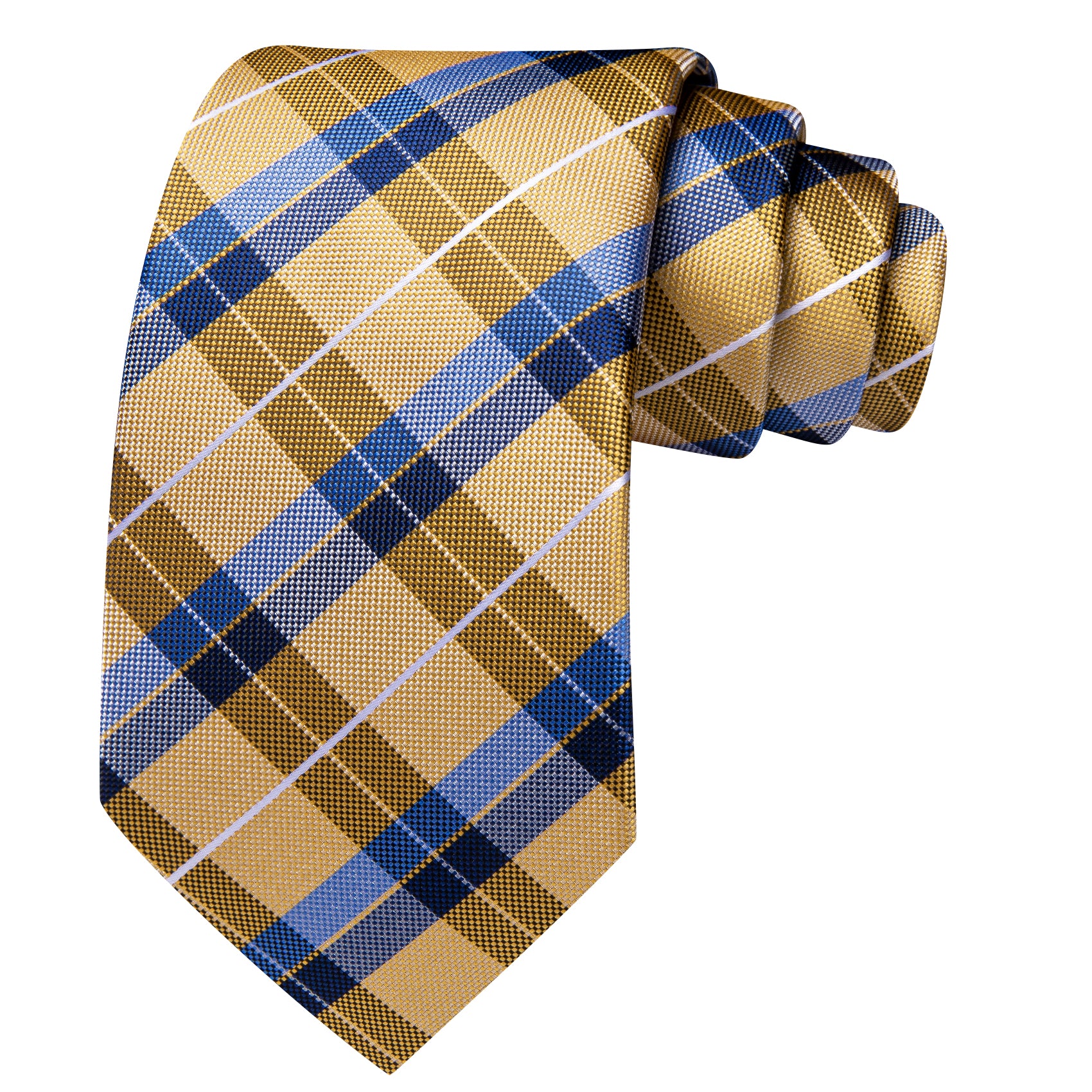 Barry. Wang Men's Necktie Gold Blue  Plaid Tie Handkerchief Cufflinks Set
