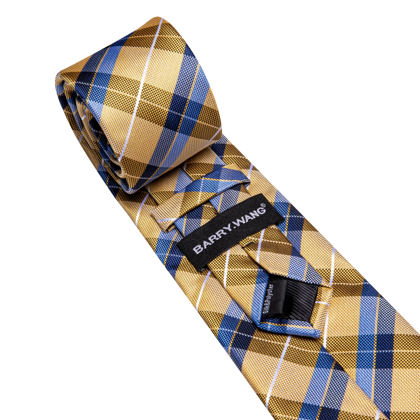 Barry. Wang Men's Necktie Gold Blue  Plaid Tie Handkerchief Cufflinks Set