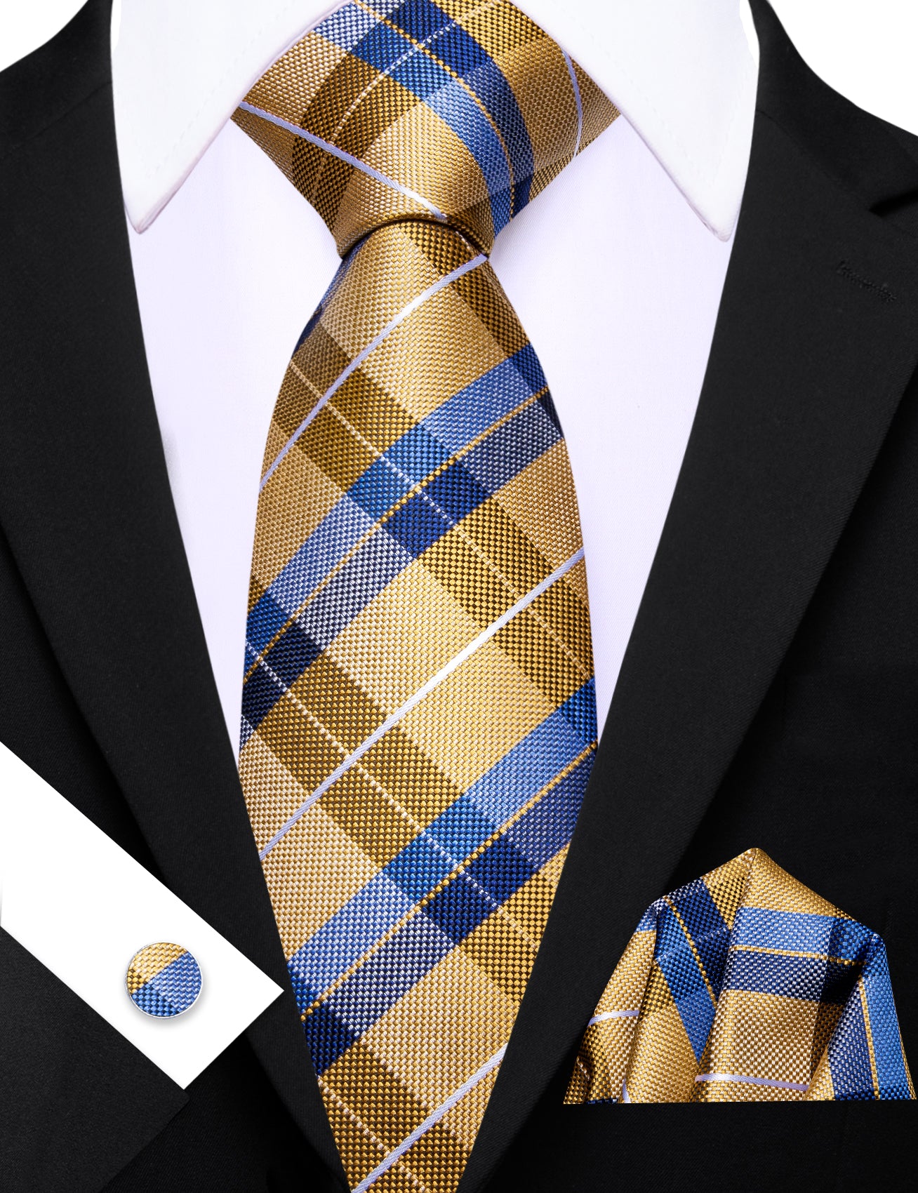 Barry. Wang Men's Necktie Gold Blue  Plaid Tie Handkerchief Cufflinks Set
