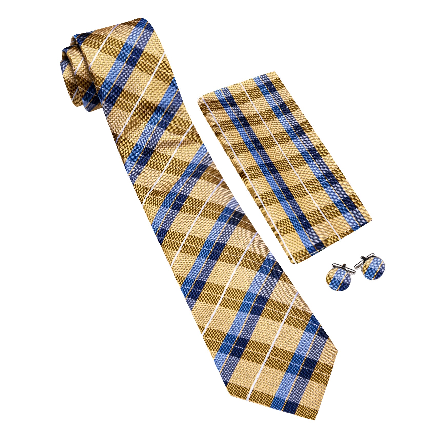 Barry. Wang Men's Necktie Gold Blue  Plaid Tie Handkerchief Cufflinks Set