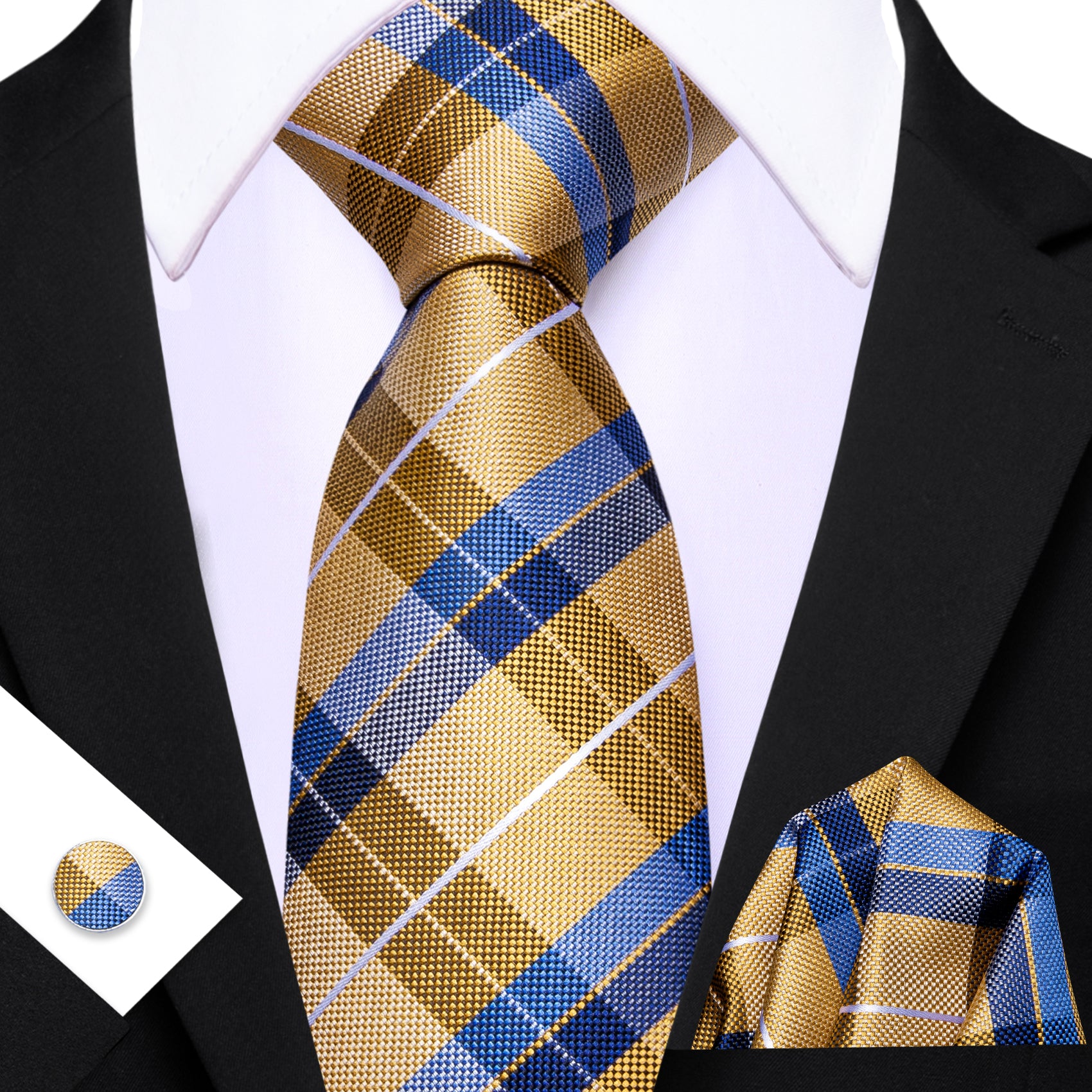 Barry. Wang Men's Necktie Gold Blue  Plaid Tie Handkerchief Cufflinks Set
