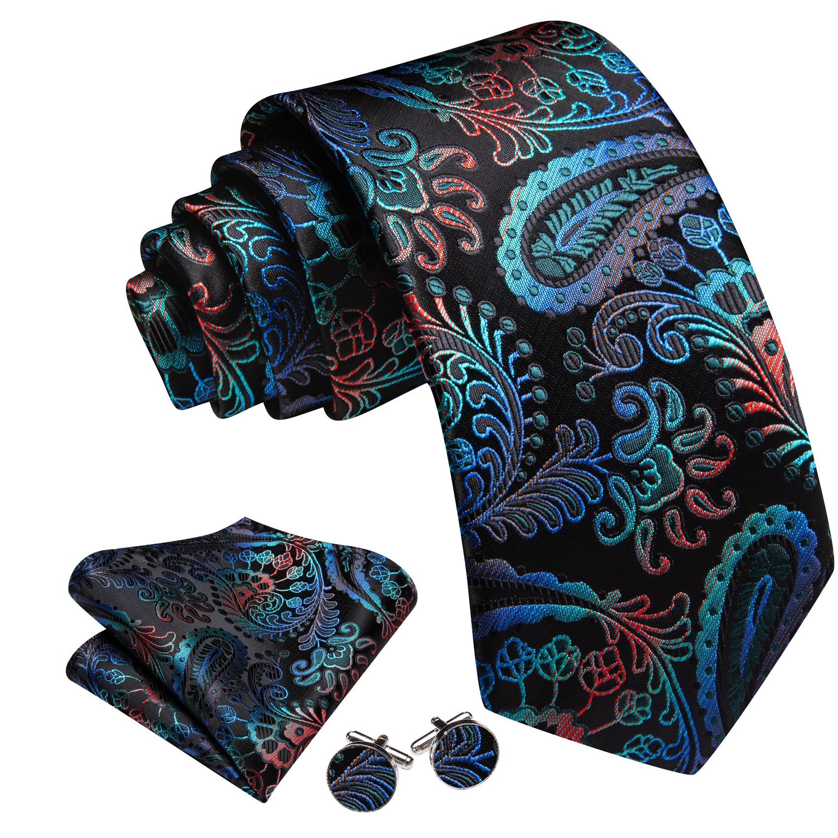 Barry. Wang Blue Red Paisley Tie Handkerchief Cufflinks Set for Men