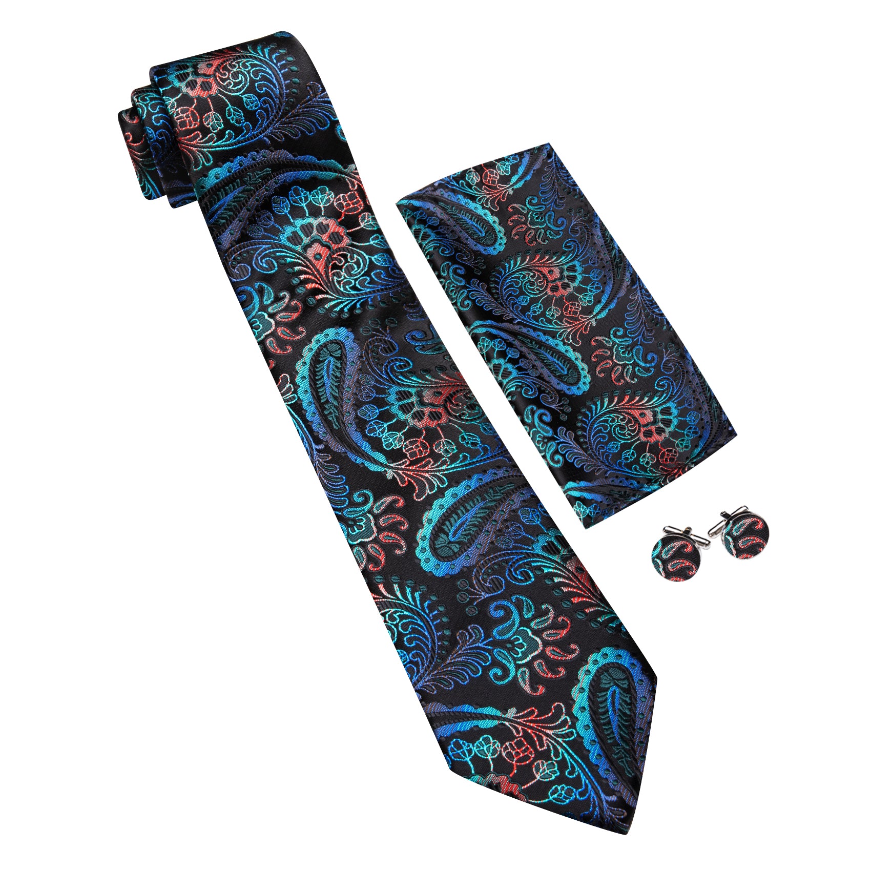 Barry. Wang Blue Red Paisley Tie Handkerchief Cufflinks Set for Men