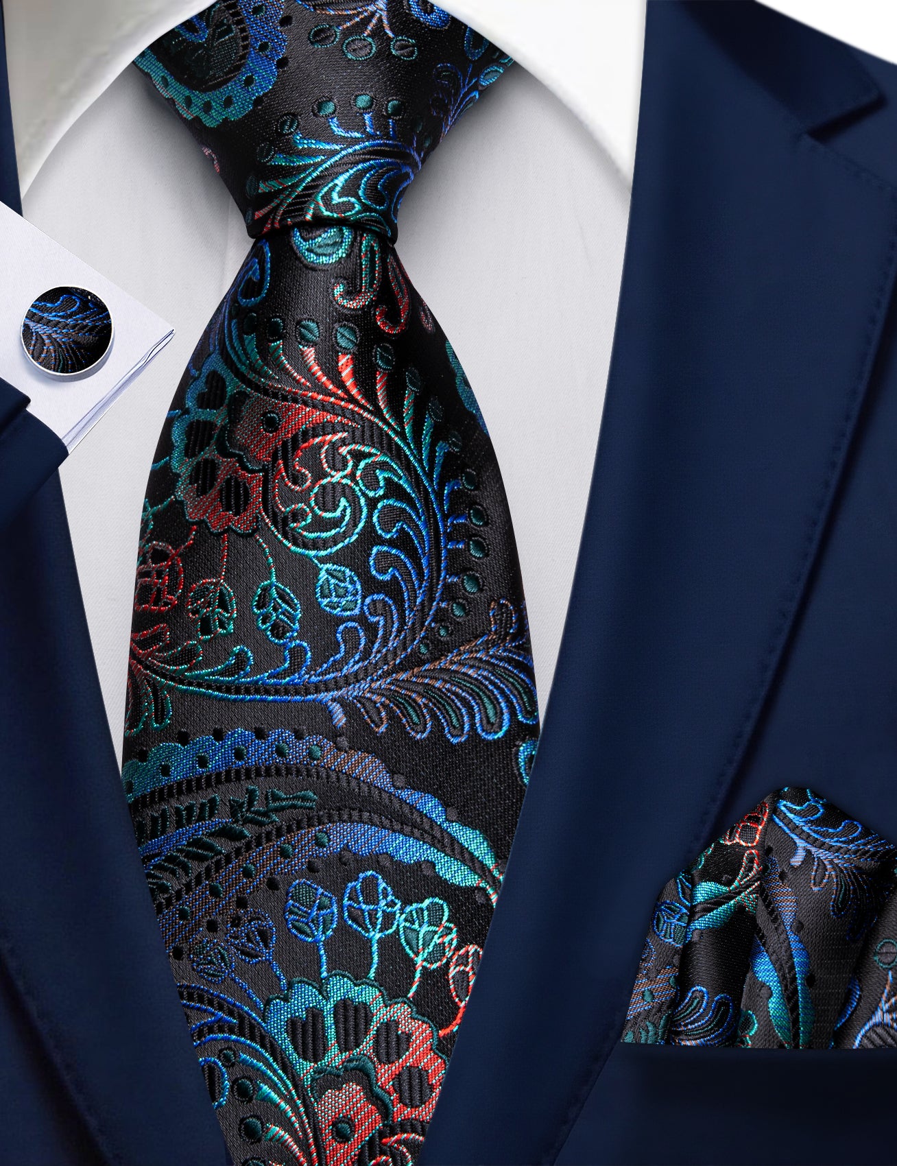 Barry. Wang Blue Red Paisley Tie Handkerchief Cufflinks Set for Men