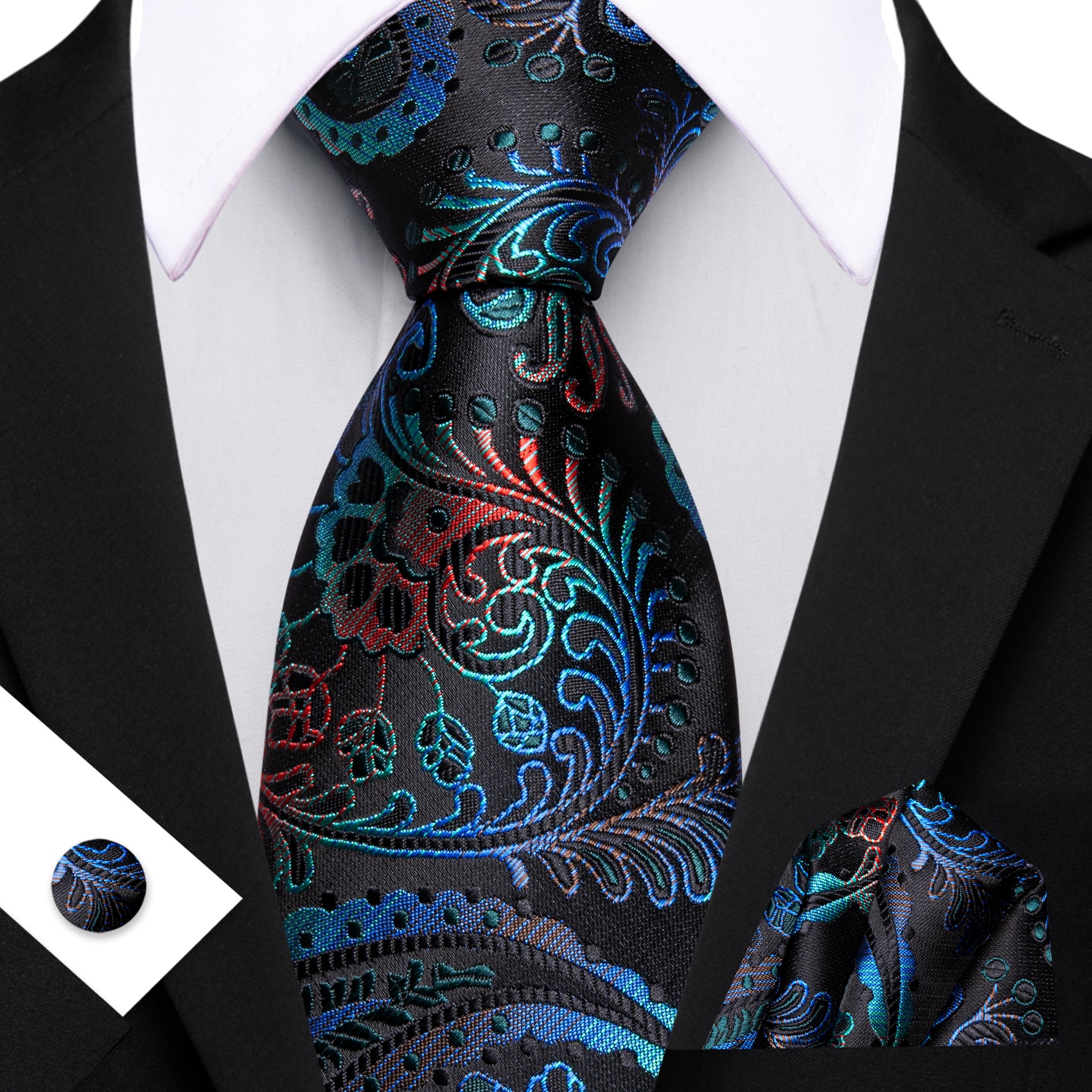 Barry. Wang Blue Red Paisley Tie Handkerchief Cufflinks Set for Men