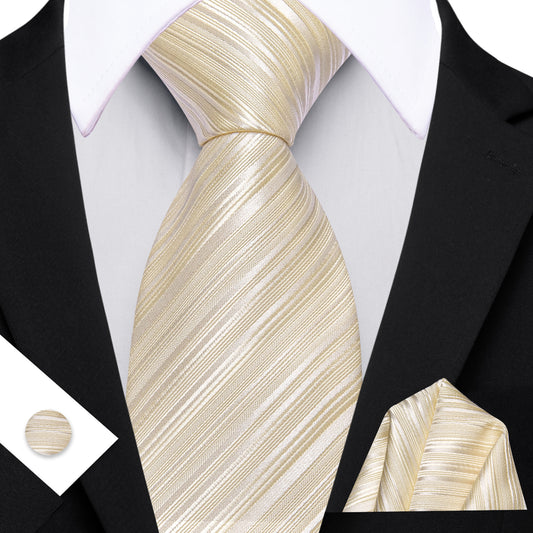 Barry. Wang Light Yellow Striped Tie Handkerchief Cufflinks Set for Men