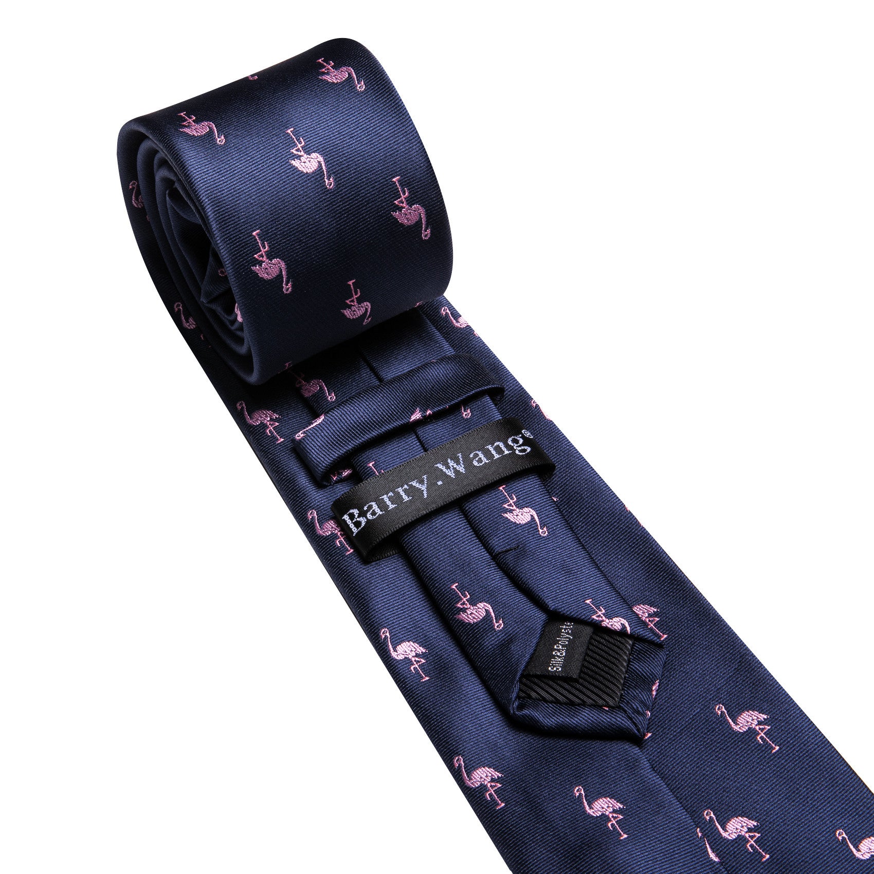 Barry. Wang Navy Blue Tie Pink Flamingo Pattern Novelty Necktie Set