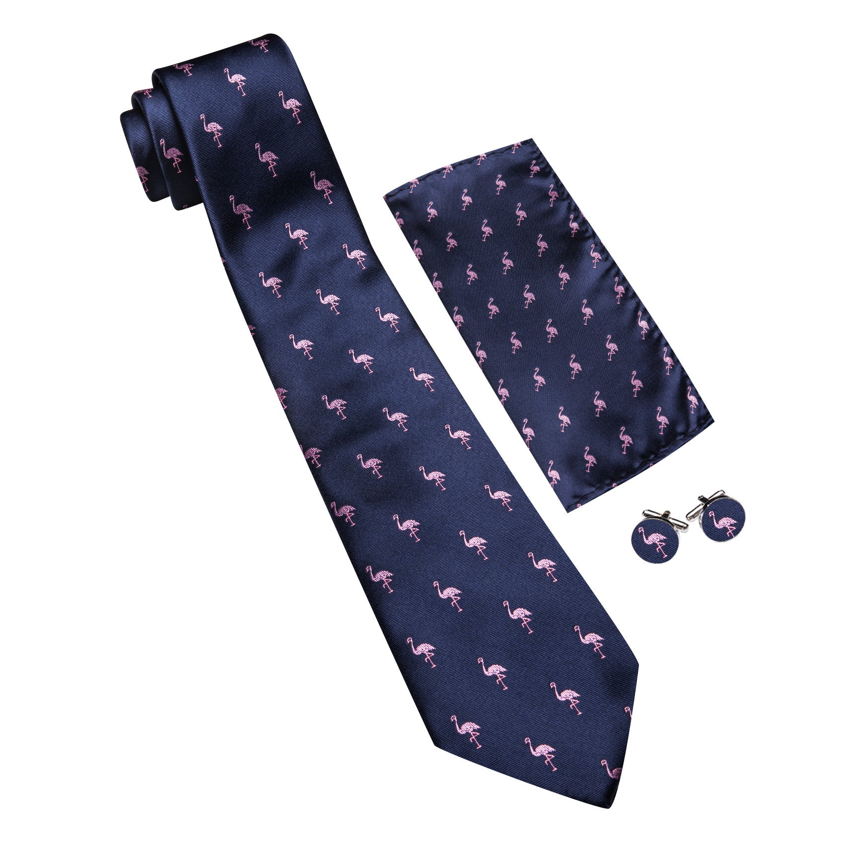 Barry. Wang Navy Blue Tie Pink Flamingo Pattern Novelty Necktie Set