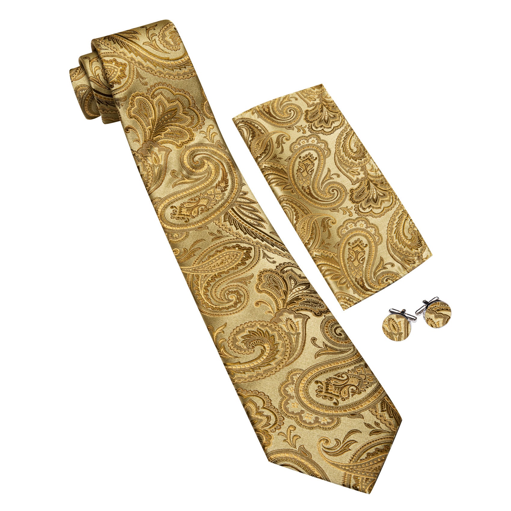Barry. Wang Mens Paisley Tie Silk Gold Necktie Hanky Cufflinks Set