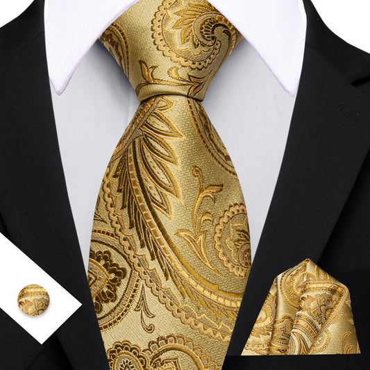 Barry. Wang Mens Paisley Tie Silk Gold Necktie Hanky Cufflinks Set