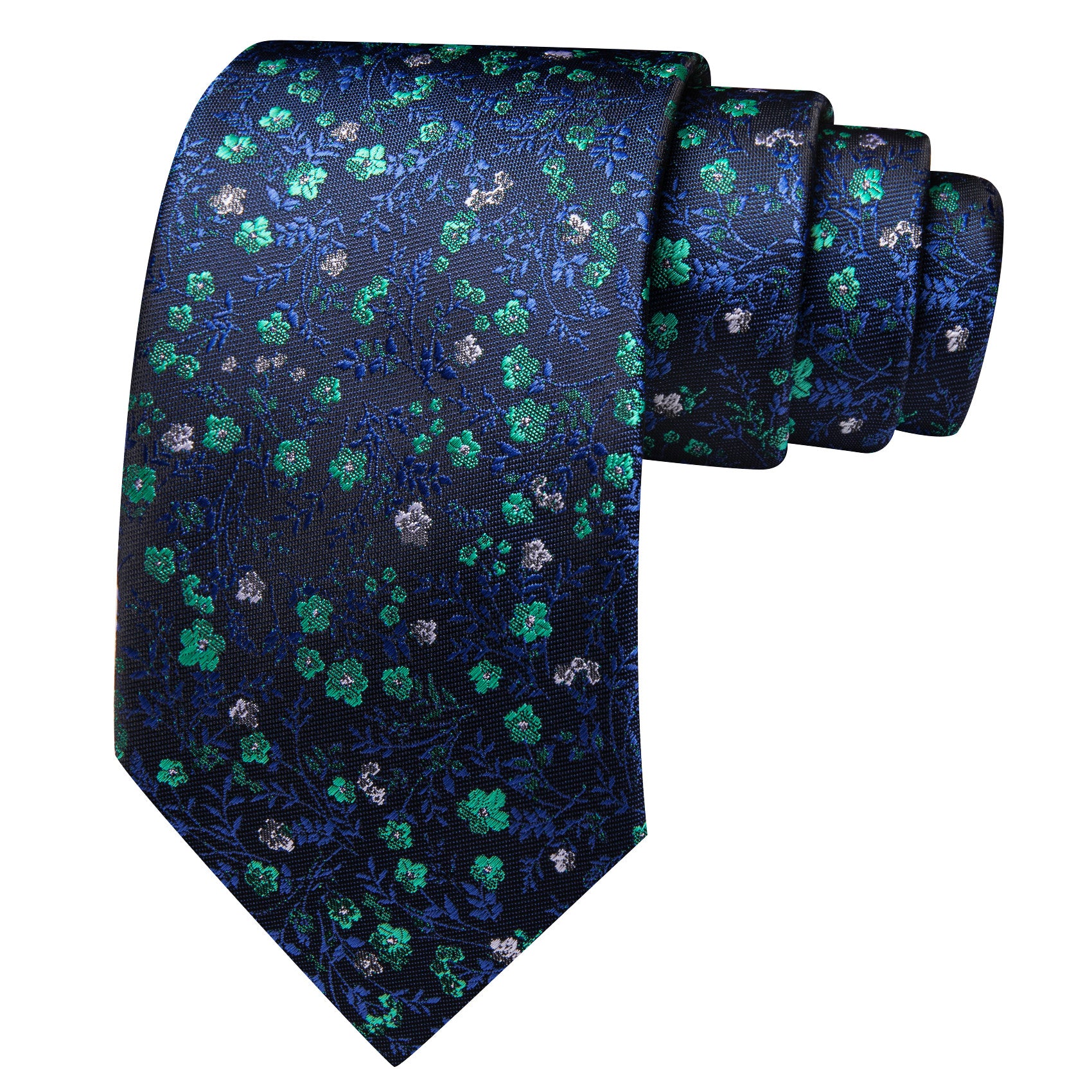 Barry. Wang Navy Blue Necktie Green Floral Silk Tie Pocket Square Cufflinks Set