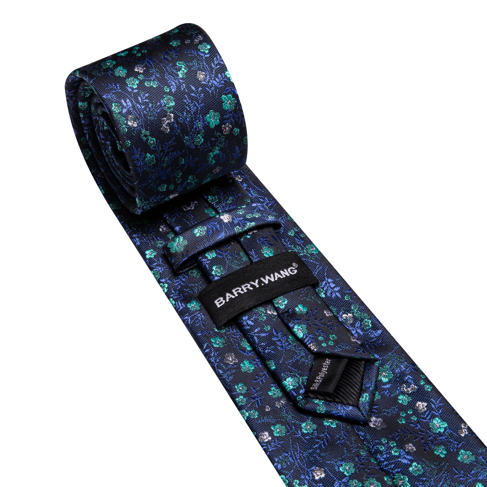Barry. Wang Navy Blue Necktie Green Floral Silk Tie Pocket Square Cufflinks Set
