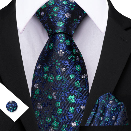 Barry. Wang Navy Blue Necktie Green Floral Silk Tie Pocket Square Cufflinks Set