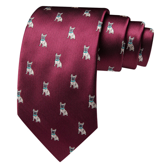 Barry. Wang Burgundy Necktie Cute Puppy Pattern Novelty Silk Tie Hanky Cufflinks Set