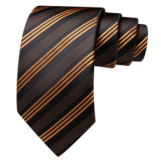 Barry. Wang Gold Brown Striped Tie Silk Necktie Pocket Square Cufflinks Set