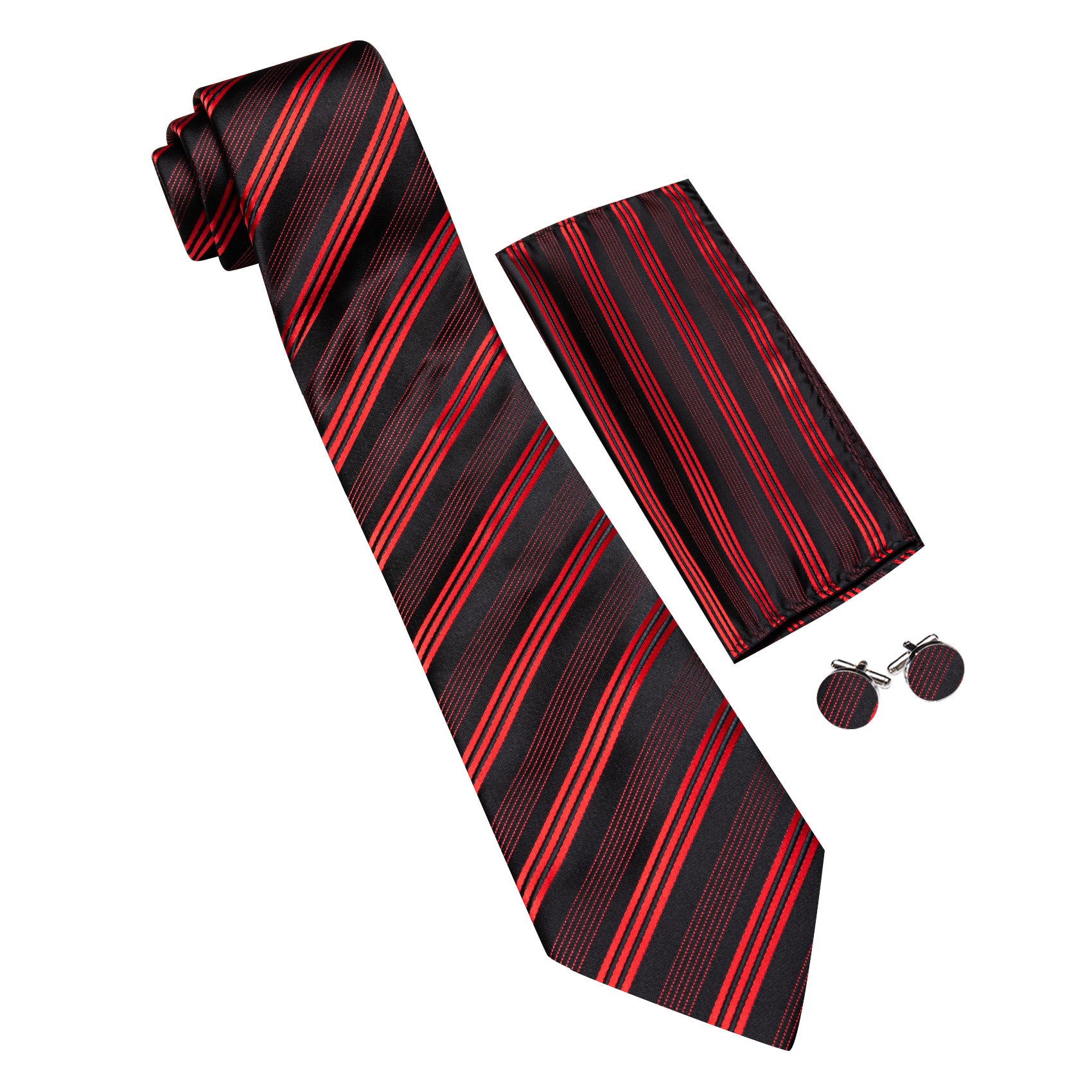 Barry. Wang Red Black Striped Tie Silk Necktie Pocket Square Cufflinks Set
