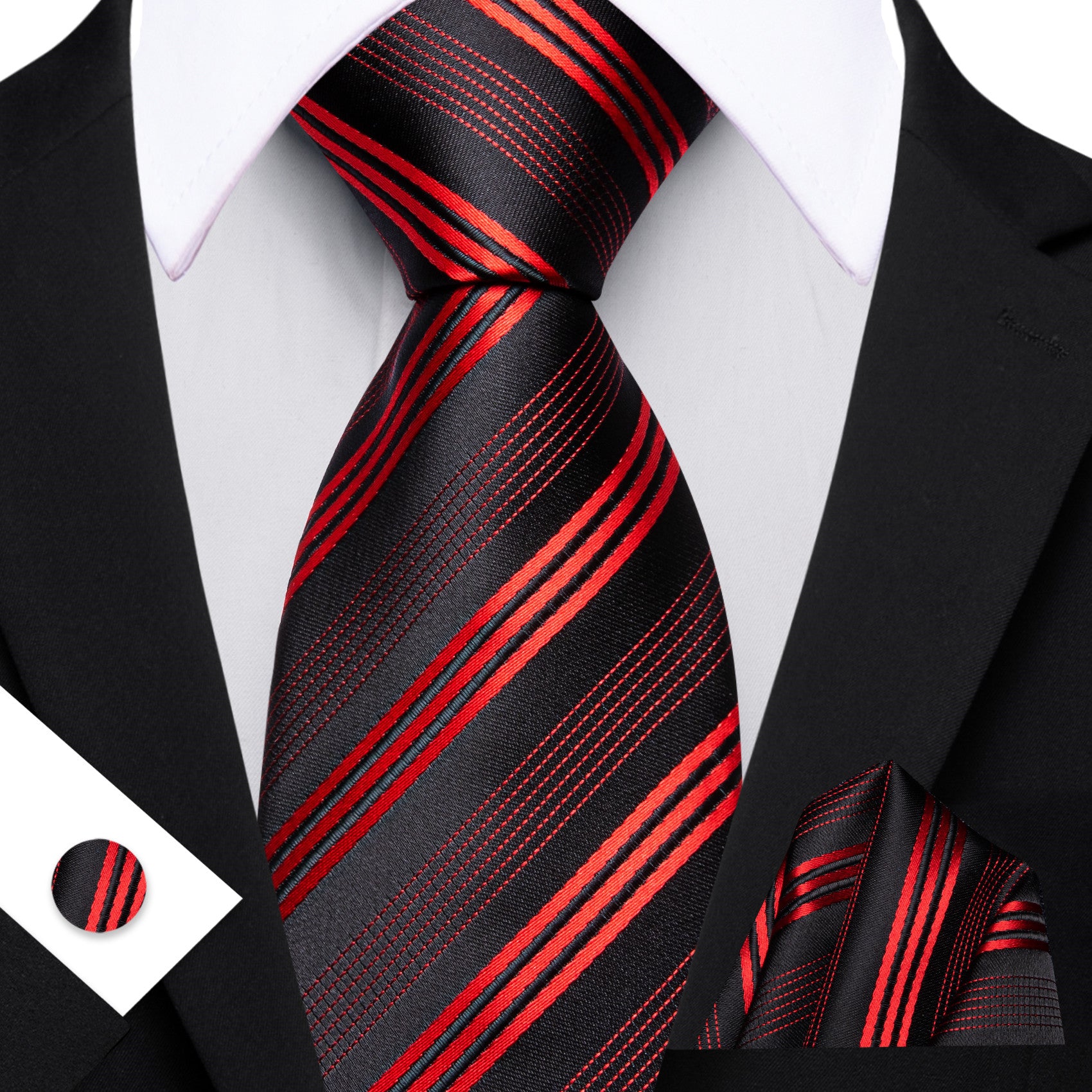 Barry. Wang Red Black Striped Tie Silk Necktie Pocket Square Cufflinks Set