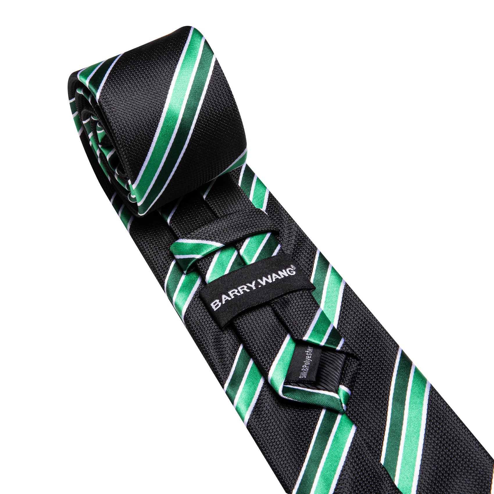 Barry. Wang Black Necktie Green Striped Tie Silk Necktie Pocket Square Cufflinks Set