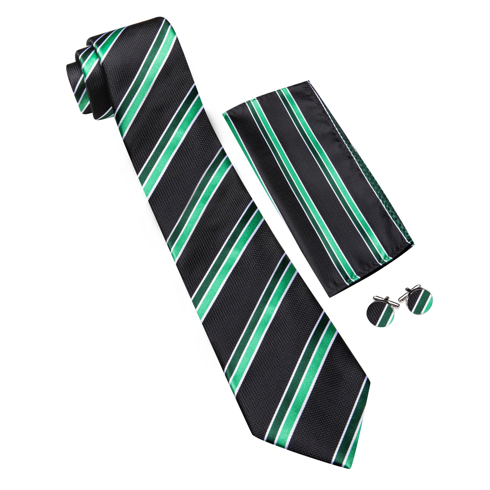 Barry. Wang Black Necktie Green Striped Tie Silk Necktie Pocket Square Cufflinks Set