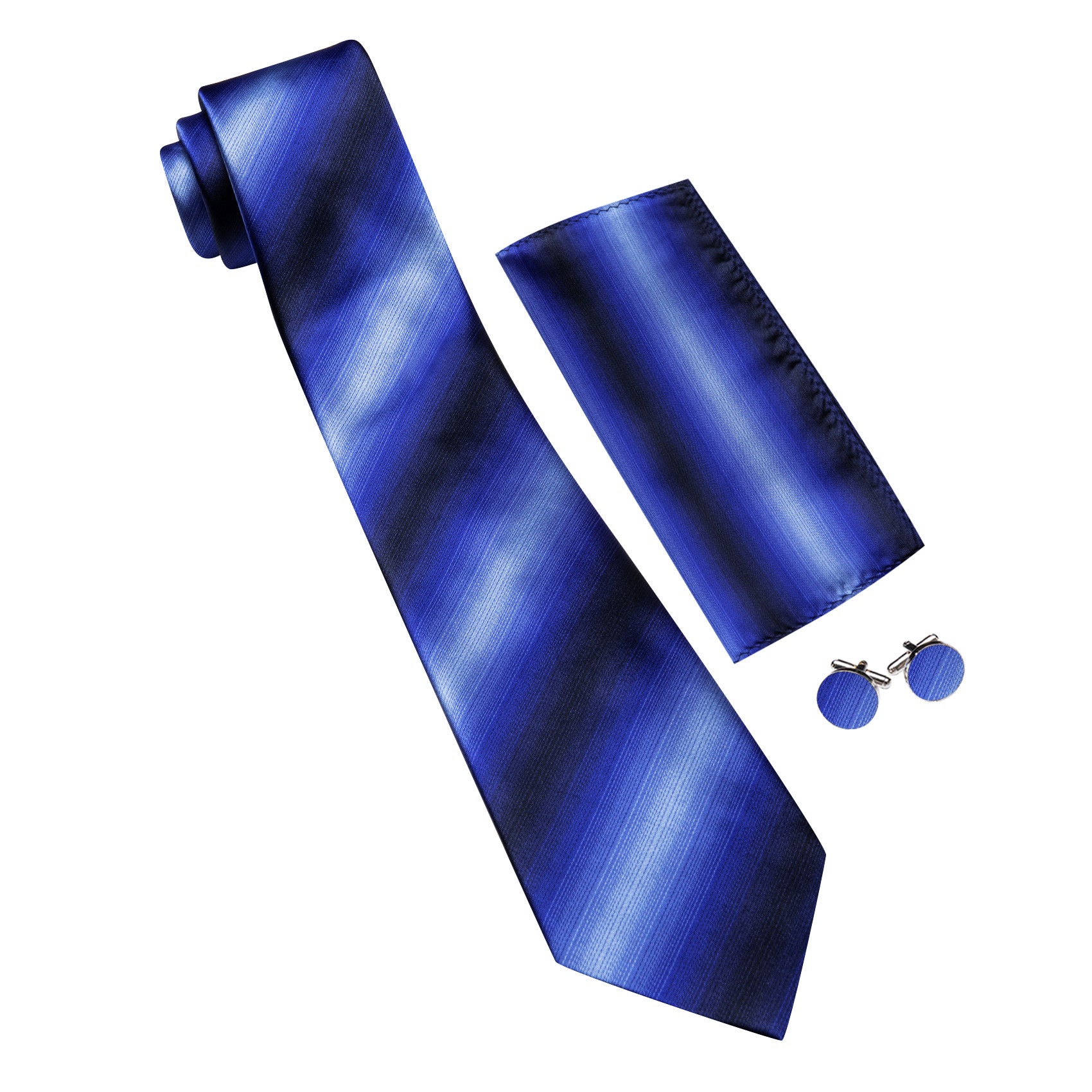 Barry.Wang Stripe Ties Royal Blue Silk Classic Necktie Pocket Square Cufflinks Set