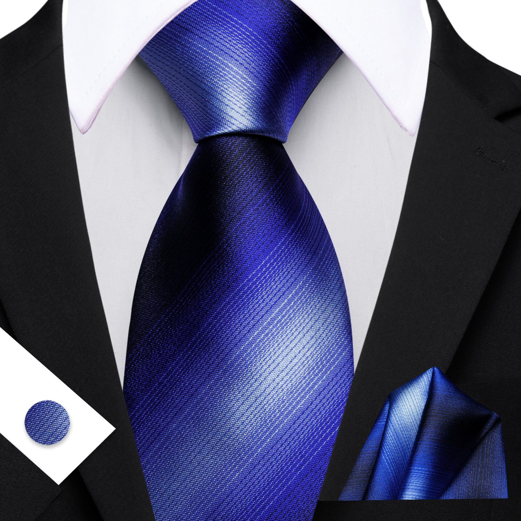 Barry.Wang Stripe Ties Royal Blue Silk Classic Necktie Pocket Square Cufflinks Set