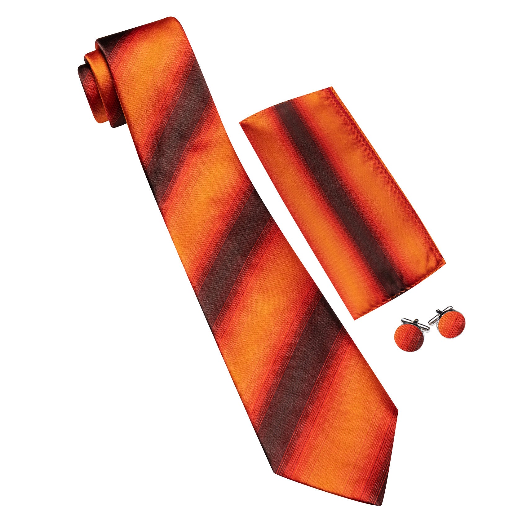 Barry. Wang Burnt Orange Tie Striped Silk Necktie Pocket Square Cufflinks Set