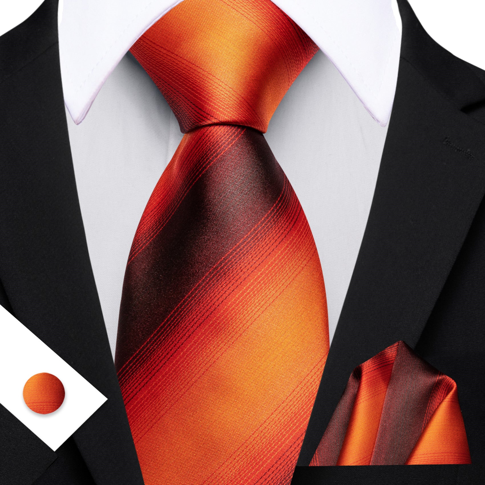 Barry. Wang Burnt Orange Tie Striped Silk Necktie Pocket Square Cufflinks Set