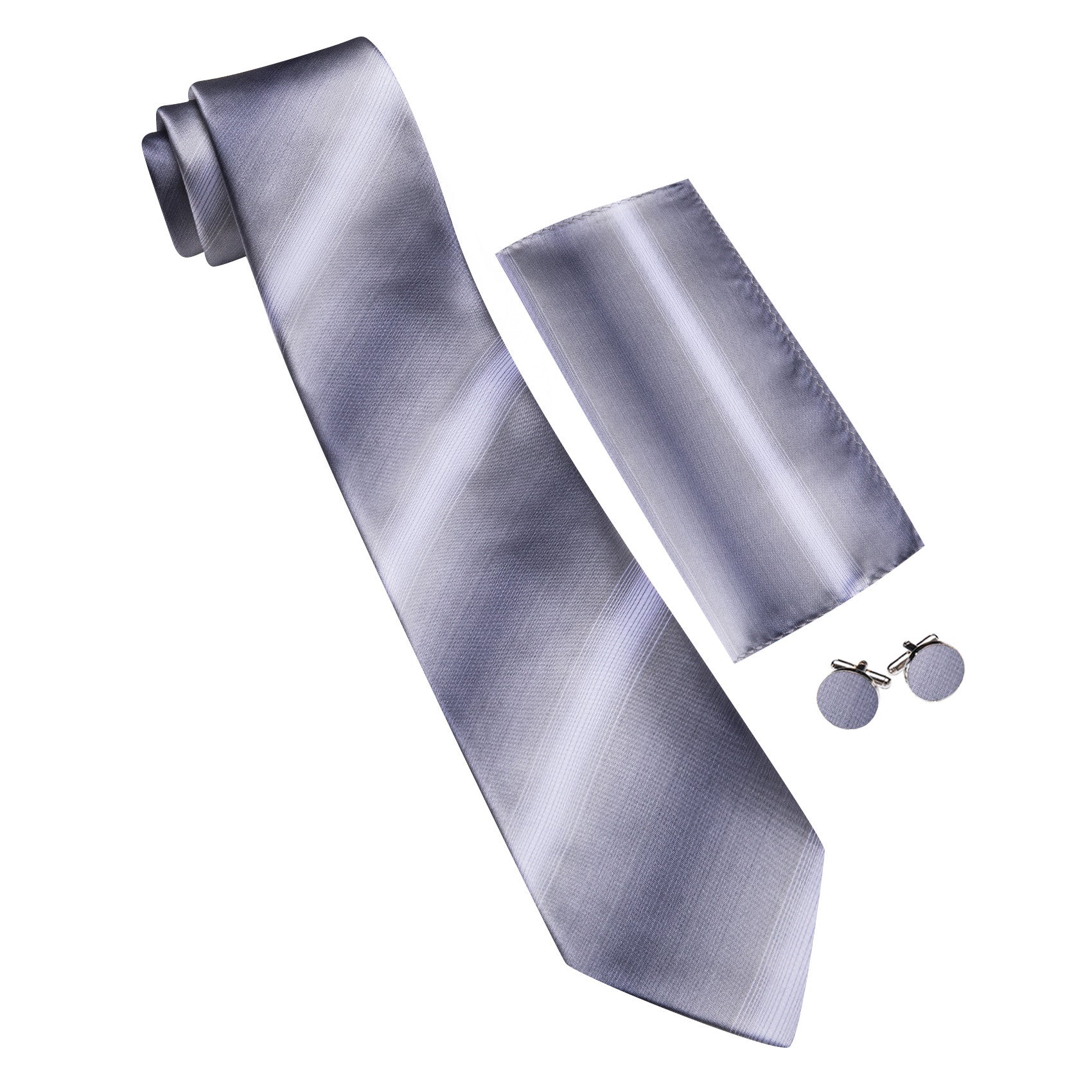 Barry. Wang Grey Silver Striped Silk Tie Hanky Cufflinks Set