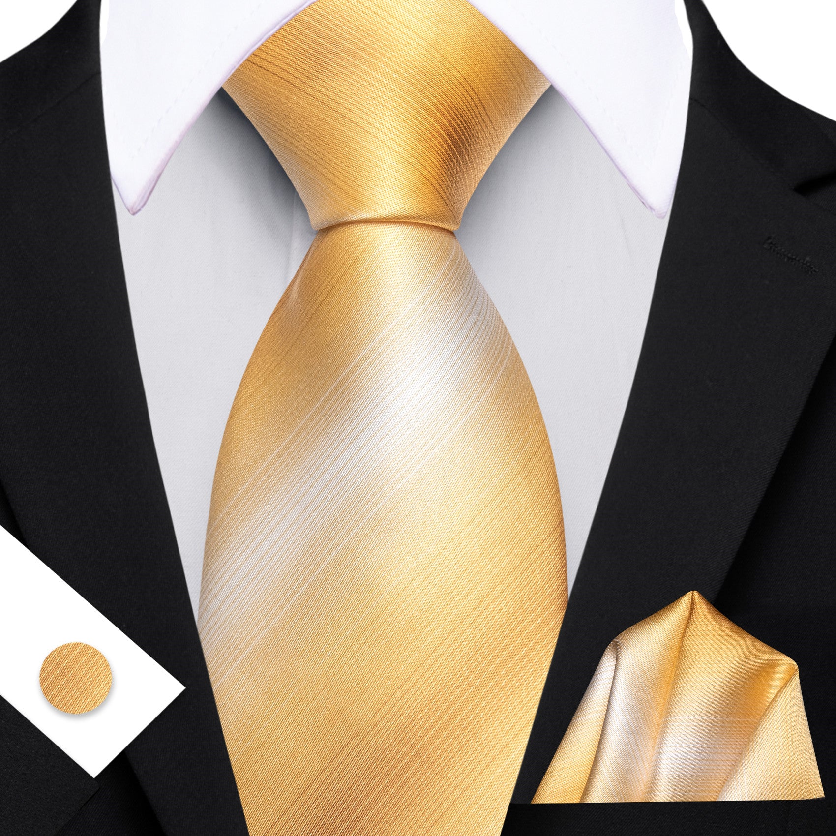 Barry. Wang Light Yellow Necktie Striped Tie Hanky Cufflinks Set