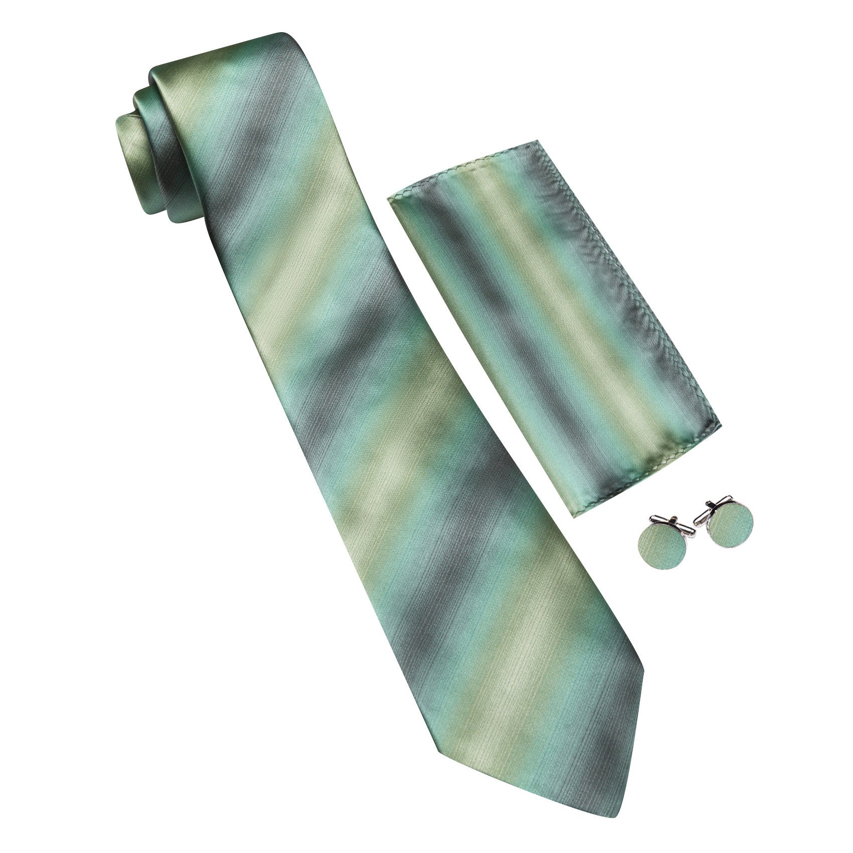Barry. Wang Sage Green Tie Striped Silk Necktie Pocket Square Cufflinks Set