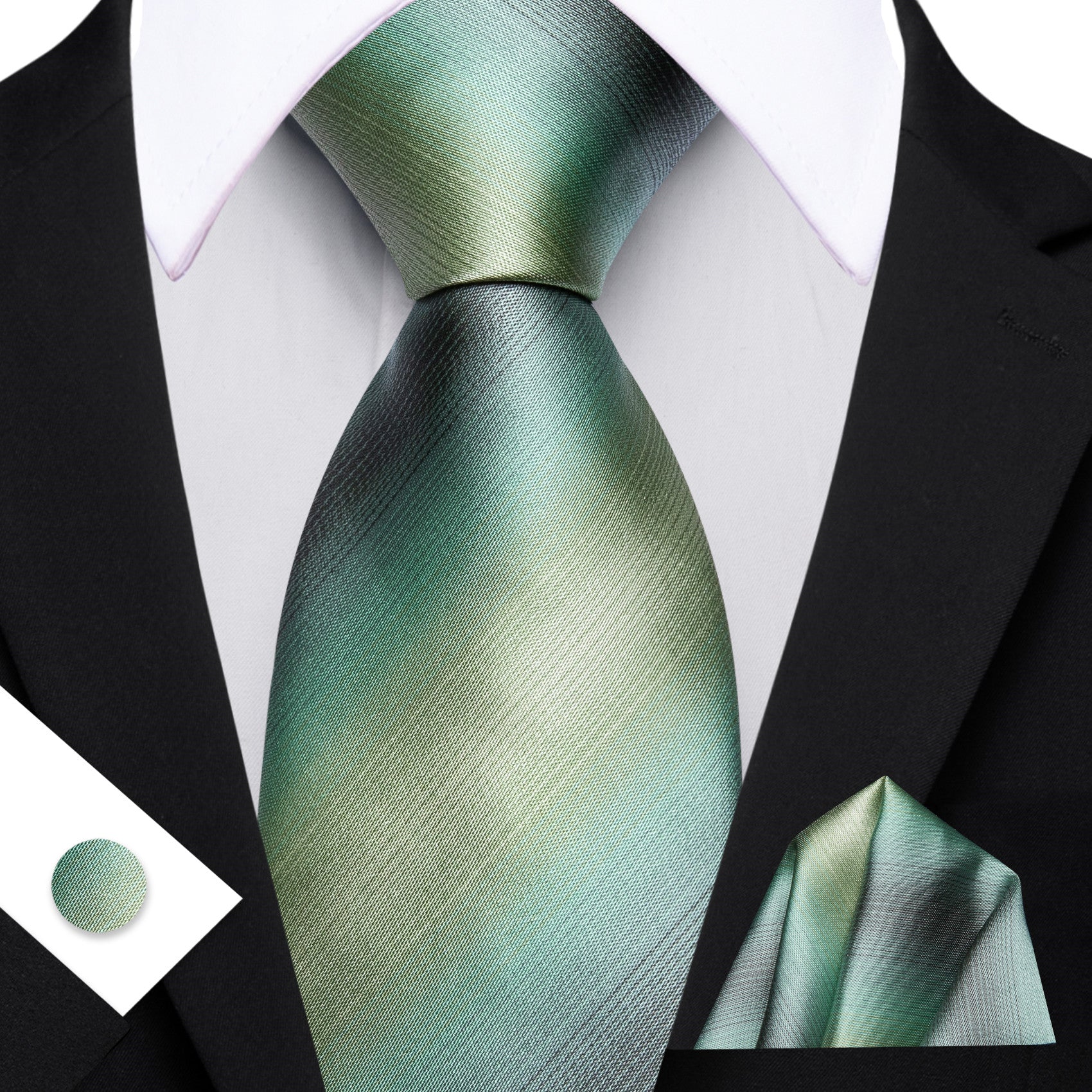 Barry. Wang Sage Green Tie Striped Silk Necktie Pocket Square Cufflinks Set