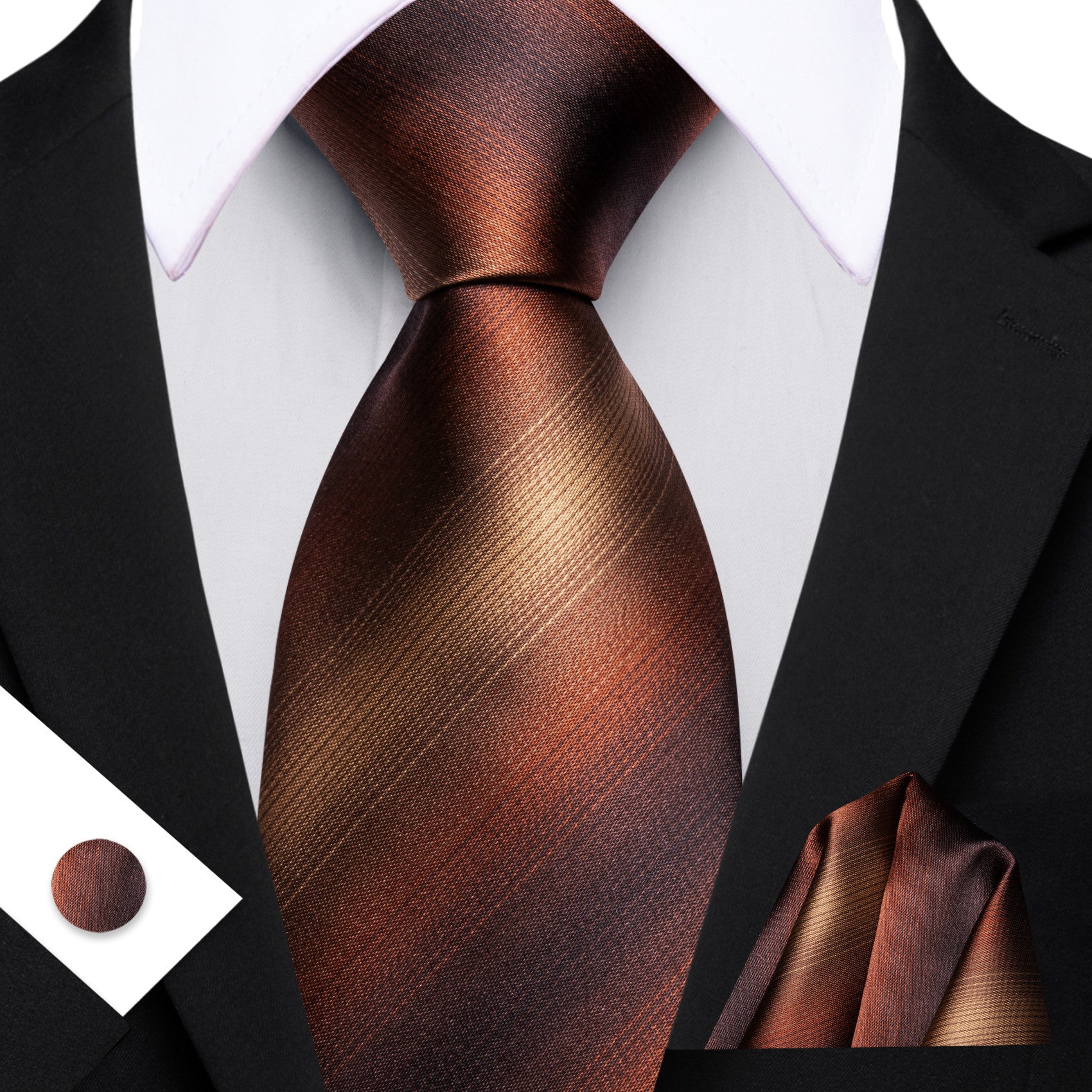 Barry. Wang Brown Necktie Striped Silk Tie Hanky Cufflinks Set