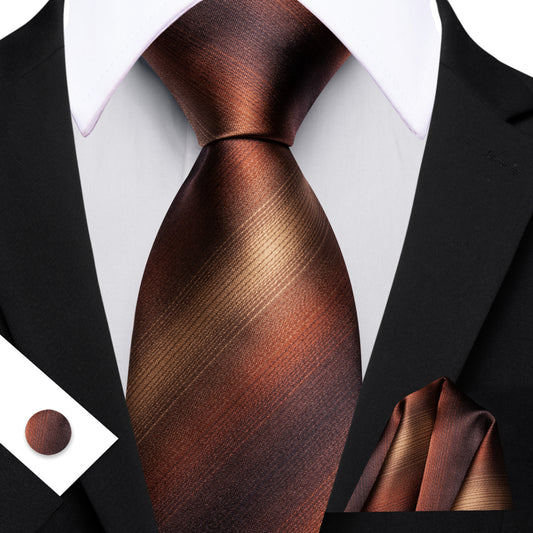 Barry. Wang Brown Necktie Striped Silk Tie Hanky Cufflinks Set