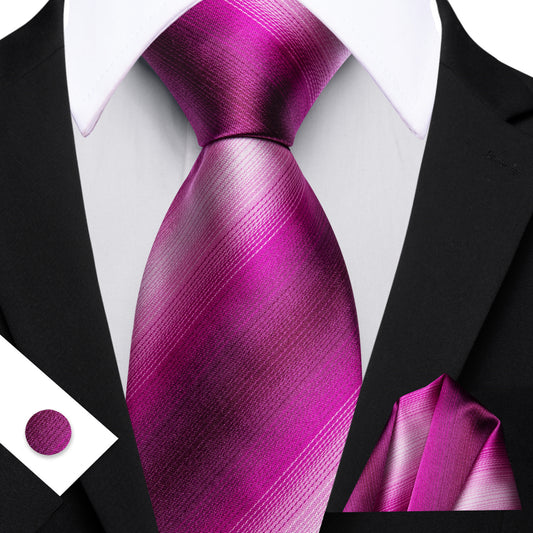 Barry. Wang Deep Hot Pink Tie Striped Silk Mens Tie Pocket Square Cufflinks Set