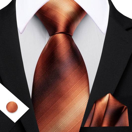 Barry. Wang Rust Striped Tie Mens Silk Tie Pocket Square Cufflinks Set