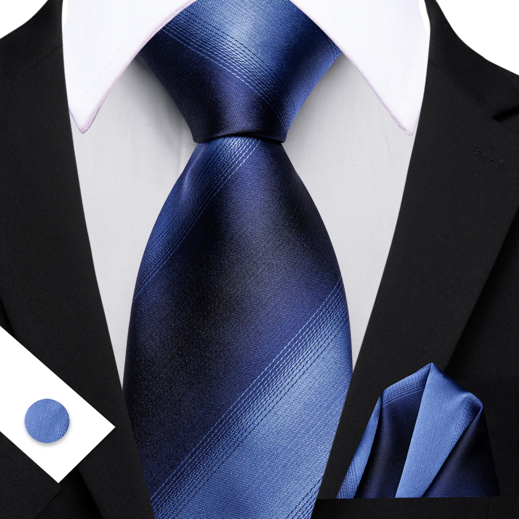 Barry. Wang Navy Blue Striped Tie Silk Necktie Pocket Square Cufflinks Set