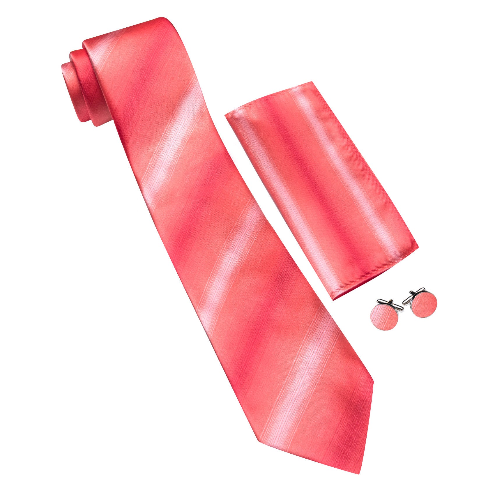 Barry. Wang Mens Coral Striped Tie Pocket Square Cufflinks Set