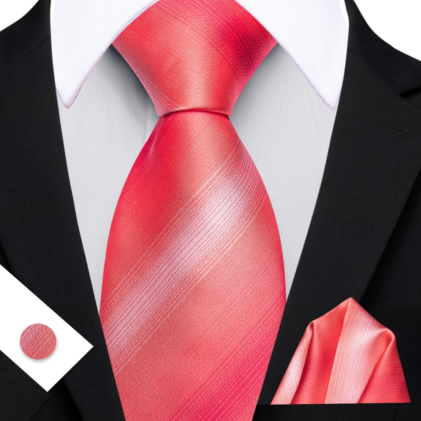 Barry. Wang Mens Coral Striped Tie Pocket Square Cufflinks Set