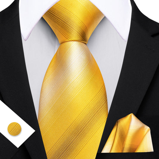 Barry. Wang Mens Tie Silk Mustard Yellow Striped Necktie Hanky Cufflinks Set