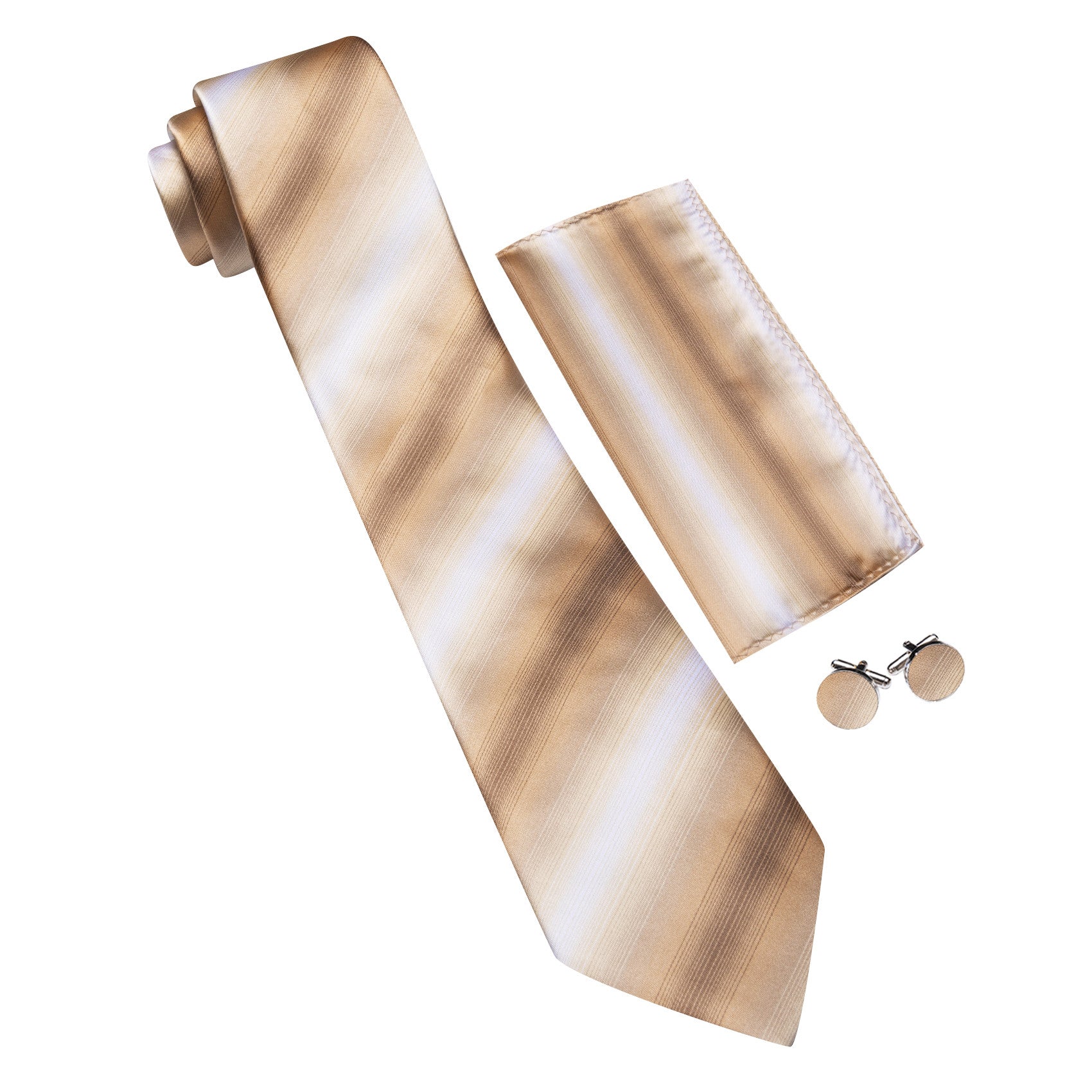 Barry. Wang Champagne Tie Silk Striped Necktie Pocket Square Cufflinks Set