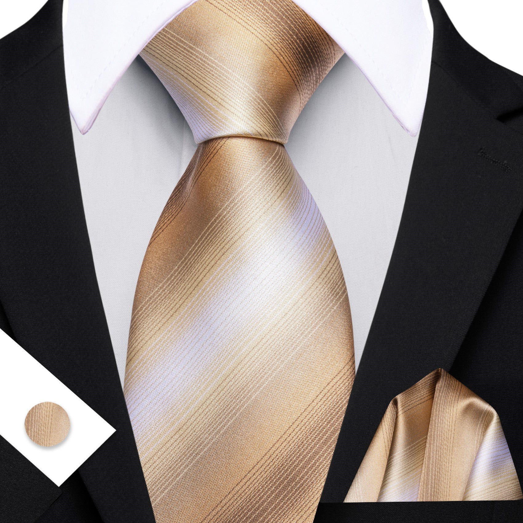 Barry. Wang Champagne Tie Silk Striped Necktie Pocket Square Cufflinks Set